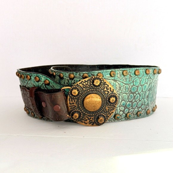Roper Turquoise Brown Tooled Leather Studded Wide Western Belt Ornate L 37 - Picture 1 of 10